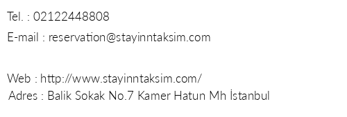 Stay nn Taksim telefon numaralar, faks, e-mail, posta adresi ve iletiim bilgileri